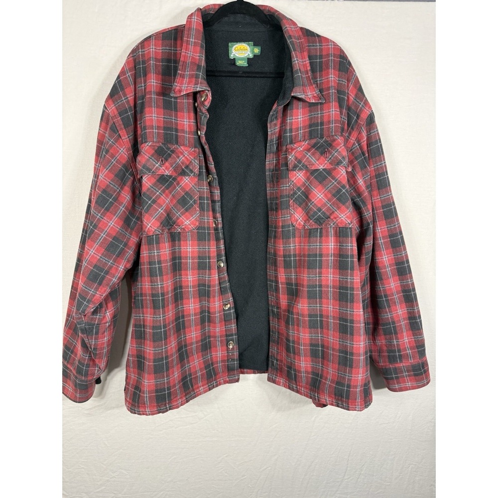 Cabelas Flannel Jacket Mens 2XL Red Black Plaid Fleece Lined Shacket Heavy